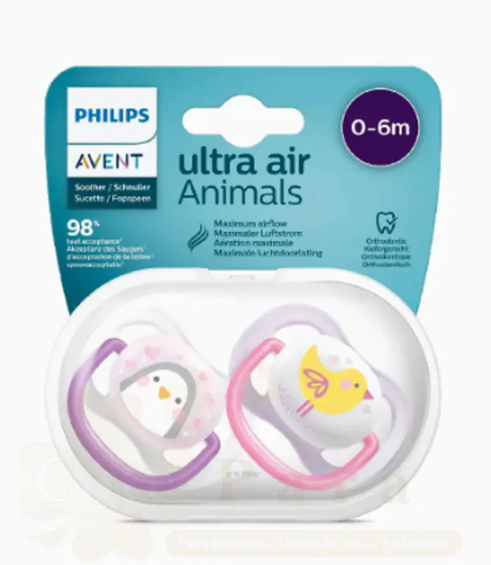 AVENT 2 SUCETTES ULTRA AIR ANIMALS 0-6 GIRL/PENG/BIRD SCF080/06