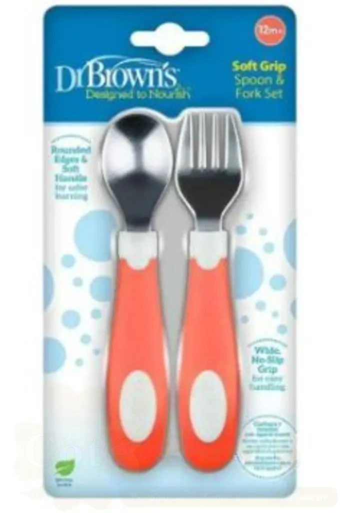 DR BROWNS SOFT GRIP SPOON & FORK SET CORAL TF027